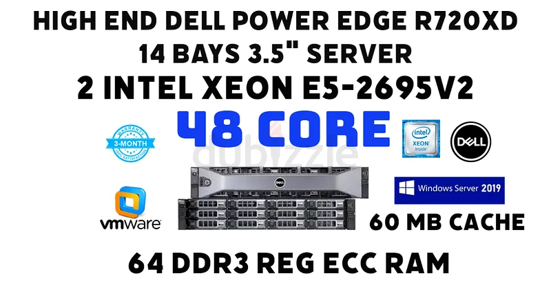 48 CORE HIGH END DELL POWER EDGE R720XD-2 INTEL XEON E5-2695V2 CPU-6TB SAS 3.5” 14 BAY SERVER63255000741123110