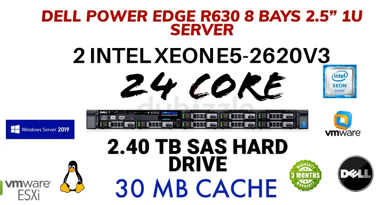 DELL POWER EDGE R630-2 INTEL XEON E5-2620V3-32GB DDR4 REG ECC RAM-2.40 TB SAS HDD 2.5” 8 BAYS 1U63255538636546110