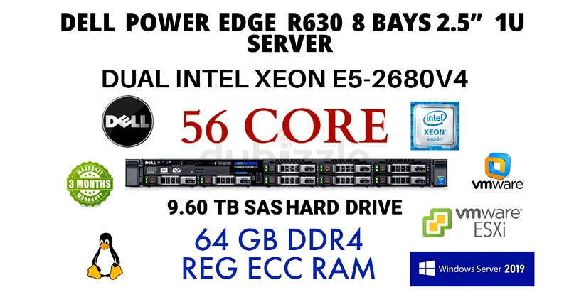 V4 56 CORE DELL POWER EDGE R630-2 INTEL XEON E5-2680V4-64GB DDR4 REG ECC RAM-9.60 TB SAS HDD 2.5”63255538629251110