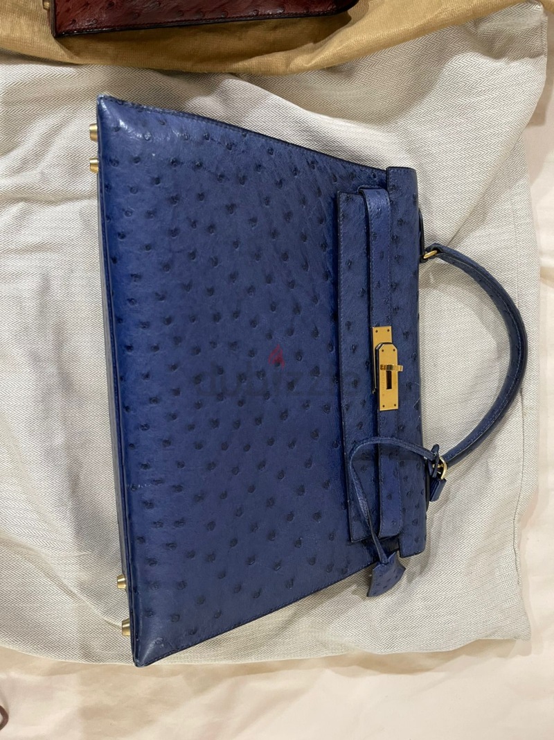 Hermes Kelly 28 Sellier Bag Ostrich Blue Iris Gold Hardware at