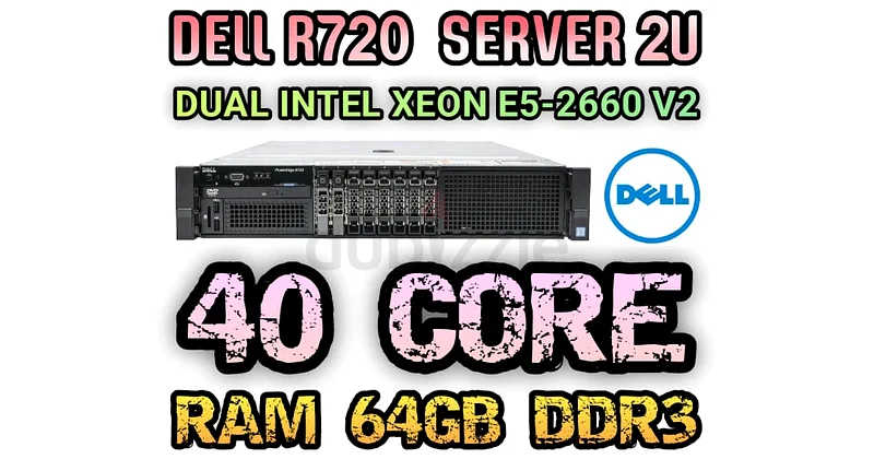 خادم ديل R720 بسعة 40 نواة، معالجان إنتل زيون E5-2660 V2، ذاكرة عشوائية 64 جيجابايت DDR3، وقرص صلب SAS بسعة 1.8 تيرابايت وبسرعة 10 آلاف دورة في الدقيقة63255000676739110