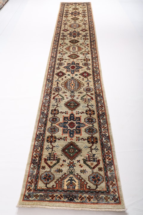 77 x 441 cm | 2.7 x 14.6 ft | New beige area waziri rug | Afghan handmade carpet