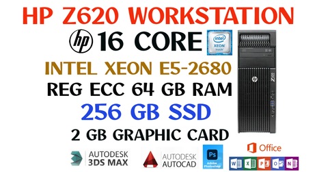 64GB RAM+16 CORE HP Z620 Workstation-INTEL Xeon E5-2680-2GB PROFESSIONAL  GRAPHIC CARD-256GB SSD