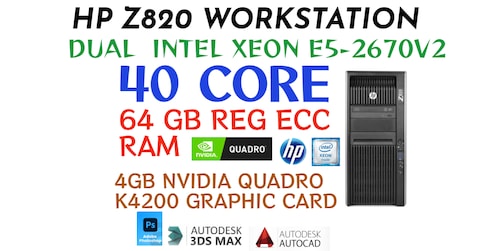 40 CORE HP Z820 WORKSTATION-DUAL INTEL XEON E5-2670V2-64GB RAM-4GB NVIDIA QUADRO K4200 GRAPHIC CARD