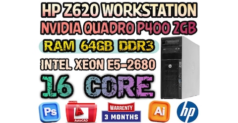 64GB RAM HP Z620 WORKSTATION 16 CORE INTEL XEON E5-2680 NVIDIA QUADRO P400 2GB DDR5