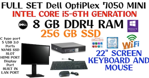 FULL SET Dell OptiPlex 7050 mini-intel CORE I5-6th Genration-8GB RAM-256GB SSD-WIN 10-22” SCREN-WIFI
