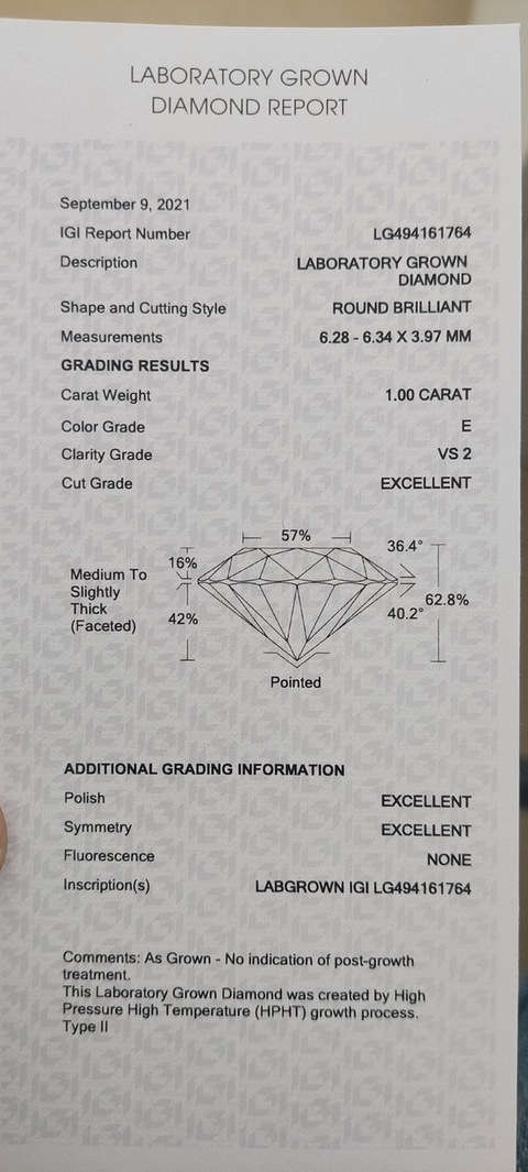 Lab Grown Diamond E-VS2 1.00 ct IGI certified