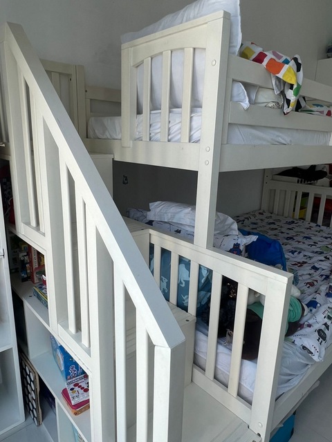 KIDS BUNK BED AND 2 MATTRESSES - OFF-WHITE WITH LOTS OF STORAGE AND IN EXCELLENT CONDITION