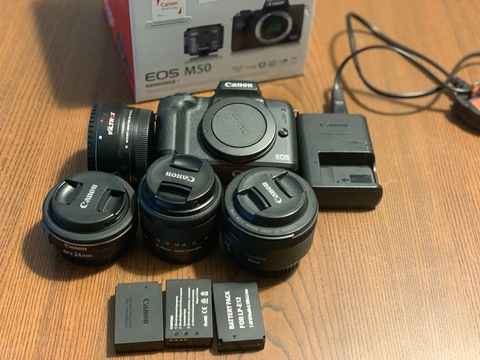 Canon EOS M50 Mirrorless Camera + EFM 15-45 + EFS 24 + EF 50