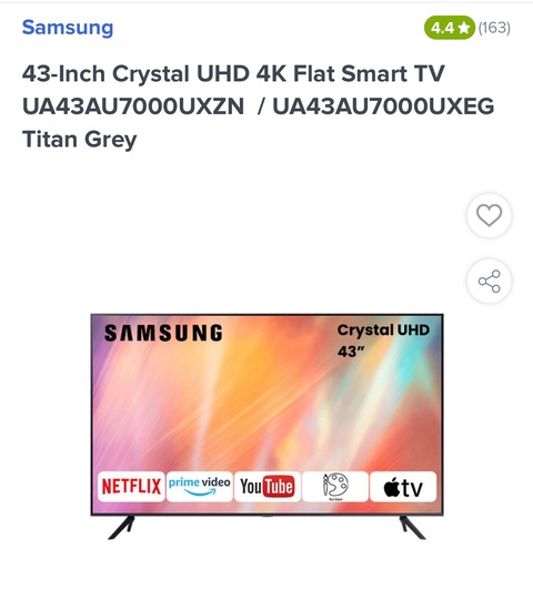Samsung 43” crystal flat UHD 4K smart TV