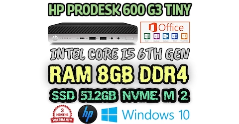 HP PRODESK 600 G3 TINY PC INTEL CORE I5 6500T 6TH GENERATION RAM 8GB DDR4 SSD 512GB NVME M.2