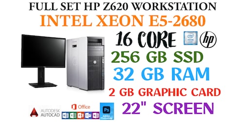 FULL SET HP Z620 WORKSTATION-INTEL XEON E5-2680-32GB RAM-22 SCREEN-2GB GRAPHIC CARD-256GB SSD