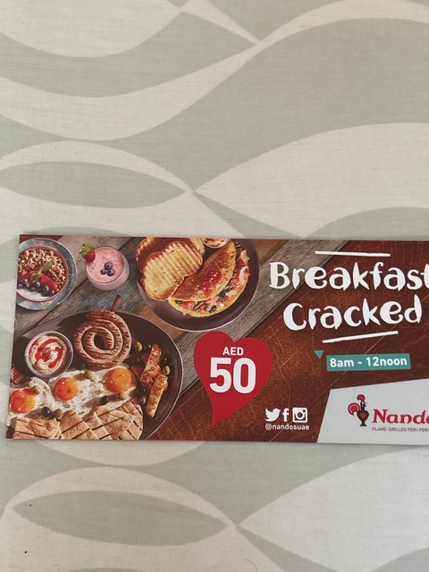 Breakfast vouchers from nandos worth 10”available for