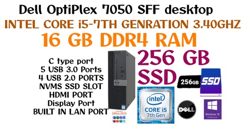 7th GENRATION DELL OPTILEX 7050 SFF-16GB DDR4 RAM-CORE i5-7500 3.40GHZ-256GB SSD-WIN 10-OFFICE 2019