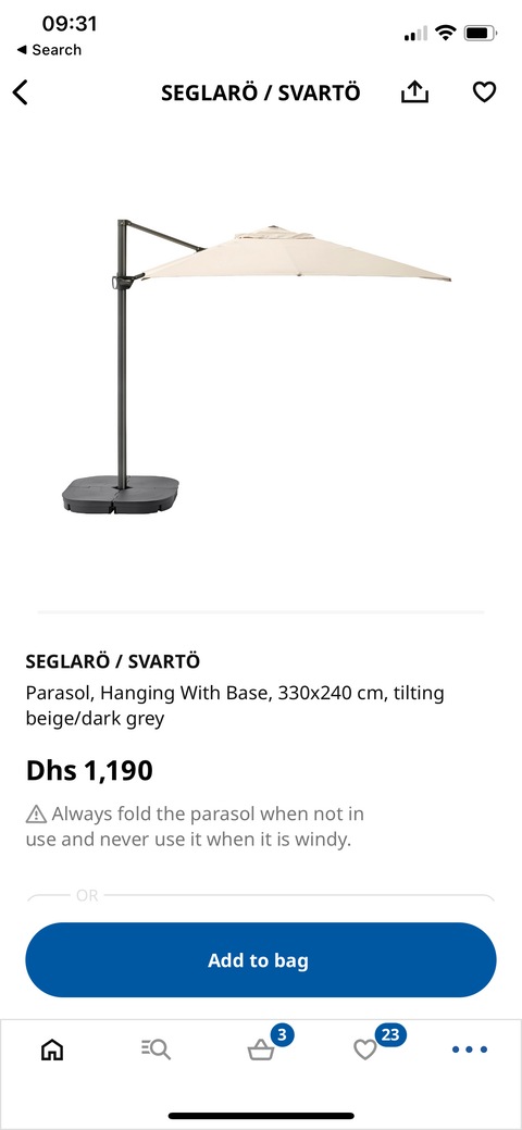 IKEA Seglaro/Svarto Parasol with base and stones