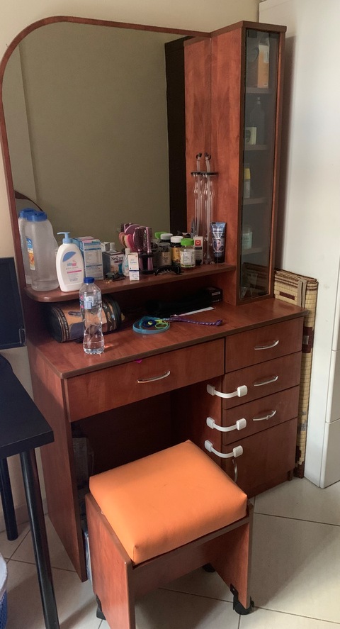 Dresser with stool and mirror
