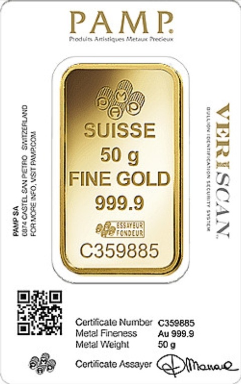 PAMP 50 Gram 999.9 Gold Bar