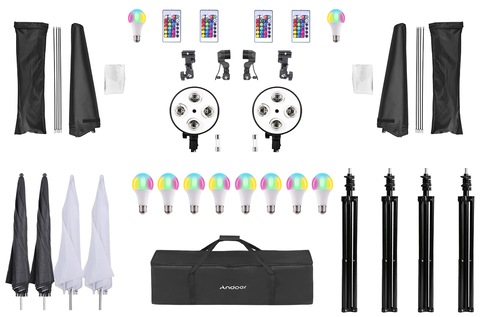 Studio Softbox and Flash  Bulb Umbrellas Kit + Lighting RGB