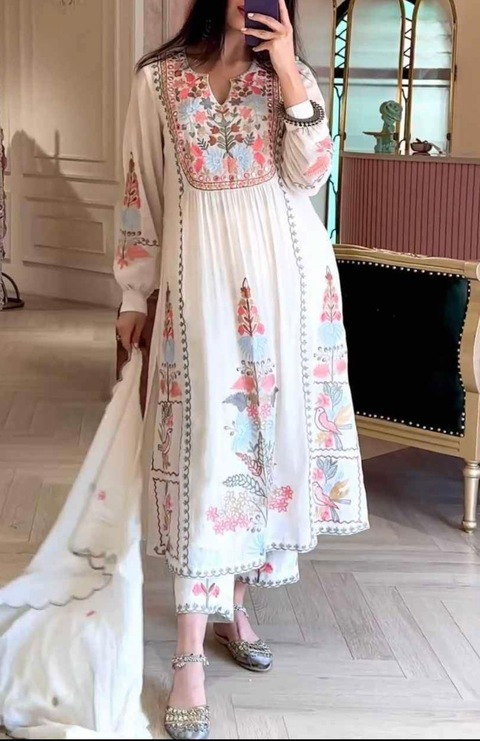 Beautiful 3 piece stitched embroidered dress-M/L blue color