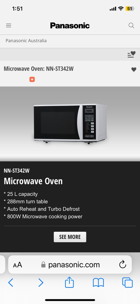 25 Liter Panasonic Microwave Oven model NN-ST342W