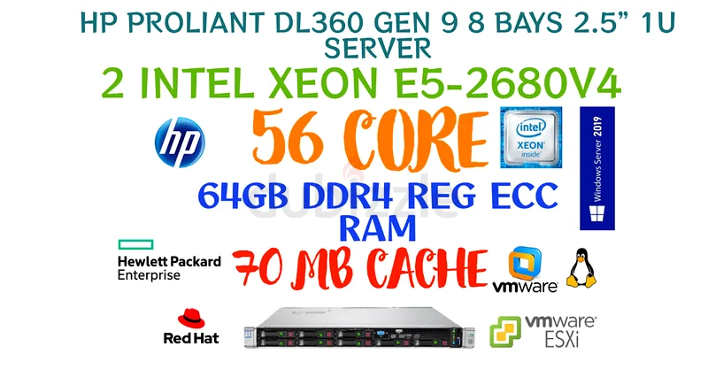 خادم HP ProLiant DL360 Gen9 بحجم 1U و8 فتحات SFF، بمعالجين Intel Xeon E5-2680 v4، وذاكرة تخزين مؤقتة بسعة 70 ميجابايت، وذاكرة RAM DDR4 بسعة 64 جيجابايت63255000397314110