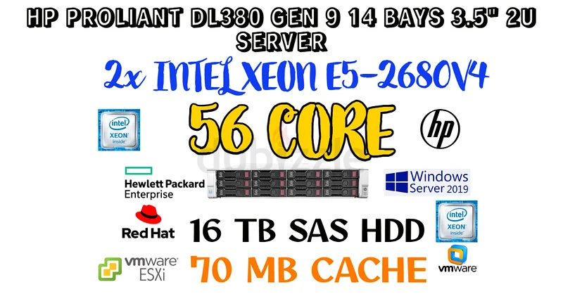 خادم HP ProLiant DL380 Gen9 عالي الجودة بـ 56 نواة - معالجان Intel Xeon E5-2680V4 - قرص صلب SAS سعة 16 تيرابايت - ذاكرة تخزين مؤقتة 70 ميجابايت63254494667265111