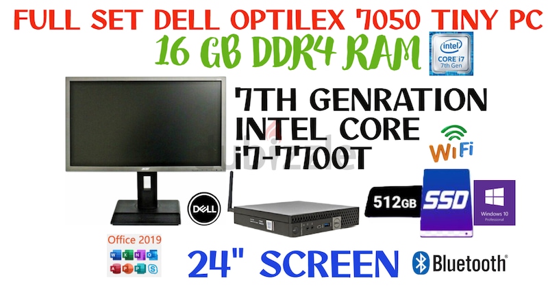 FULL SET 7th GEN Dell OptiPlex 7050 MINI PC-intel CORE I7-7700T-16GB DDR4  RAM-512GB SSD-24” SCREEN