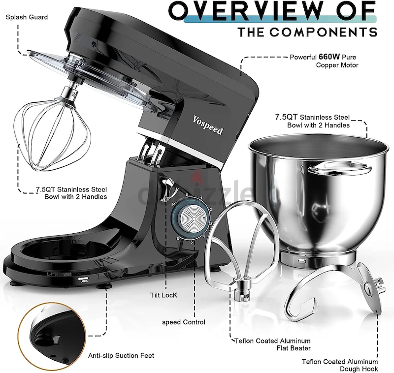 Vospeed Stand Mixer, 660W 6-Speed Tilt-Head Kitchen Mixer with 8.5QT  Stainless Steel Mixing Bowl, Beater, Dough Hook, Whisk, Household Use -  Black 