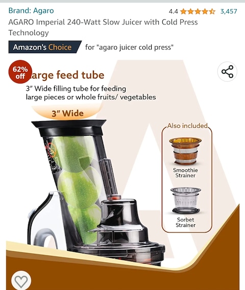 Buy AGARO Imperial, 240W, Slow Juicer with Cold Press Technology