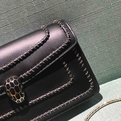 BVLGARI Serpenti Forever Woven Chain Leather Shoulder Bag in Black