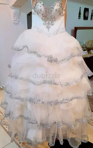 White Crystal Embellished Wedding Dress with Tiara Size Medium to Large