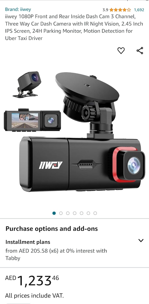 iiwey Dash Cam Front Rear and Inside 1080P Three Channels with IR