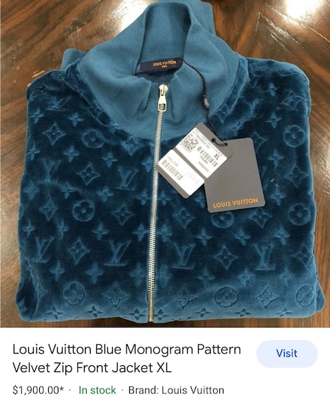 Louis Vuitton Blue Monogram Pattern Velvet Zip Front Jacket L Louis Vuitton