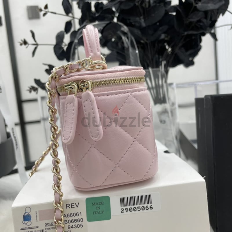 Chanel Pink Quilted Aged Glazed Calfskin Mini Vanity with Chain Gold Hardware, 2020 (Like New), Womens Handbag