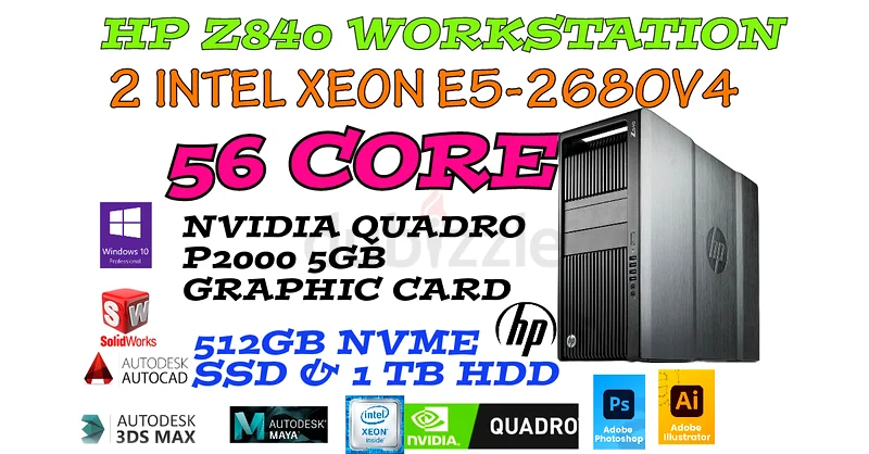 56 كور كور HP Z840 محطة عمل - بطاقة رسوميات نفيديا كوارو P2000 سعة 5 جيجابايت - معالجان إنتل زيون E5-2680V4 - ذاكرة وصول عشوائي 64 جيجابايت63256078678658110