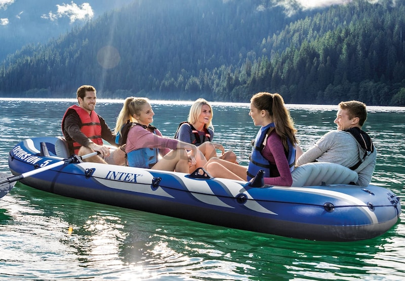 Intex Excursion 5 Person Inflatable Rafting and Fishing Boat Set with 2  Oars 