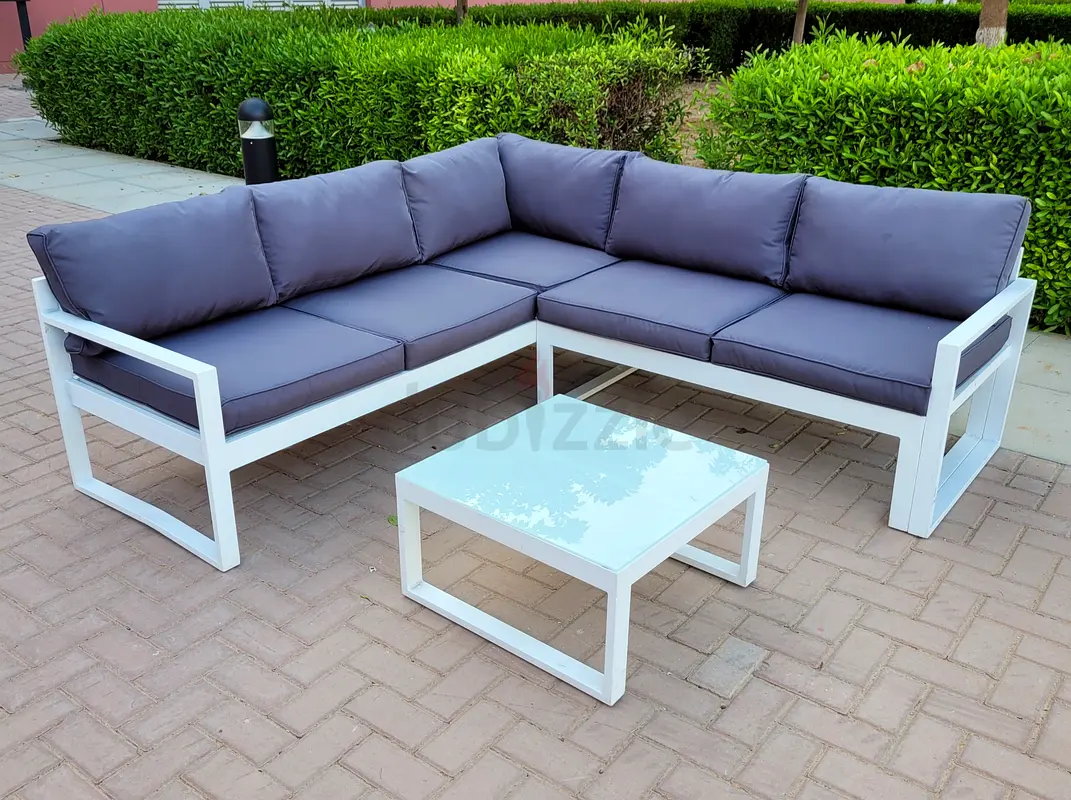 White Aluminium Garden Corner Sofa Set With Dark Grey color