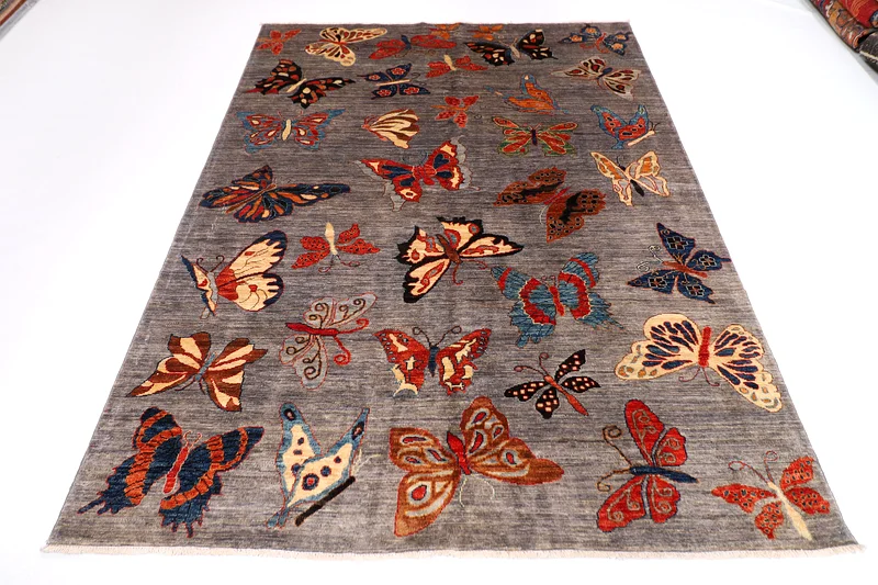 184 x 246 cm | new gray area butterfly handmade rug | Afghan handmade carpet63216837096834112