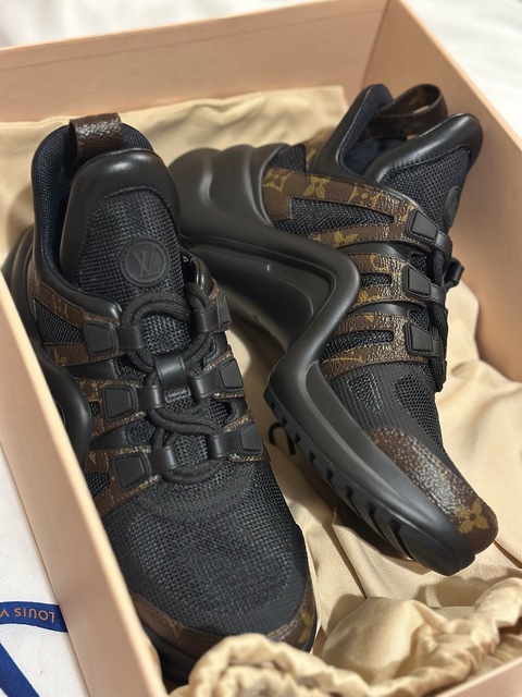 LOUIS VUITTON Glitter Stretch Textile Monogram LV Archlight Sneaker Boots  37.5 Gold Black 1291842