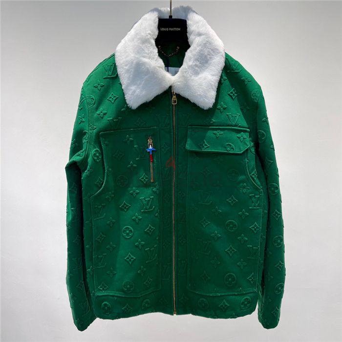 Louis Vuitton Green Monogram Denim Shearling Collar Jacket