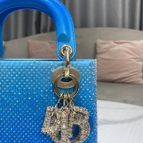 Dior - Small Lady Dior Bag Metallic Blue Square-Pattern Embroidery Set with Strass and Round Beads - Women