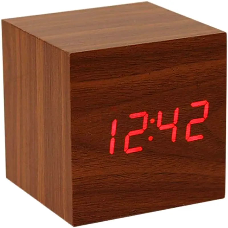 Digital Alarm Clock, with Wooden Electronic LED Time Display