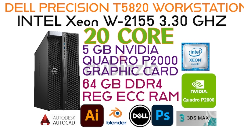 20 CORE DELL PRECISSION T5820 Workstation-Intel Xeon W2155 CPU-64GB RAM ...