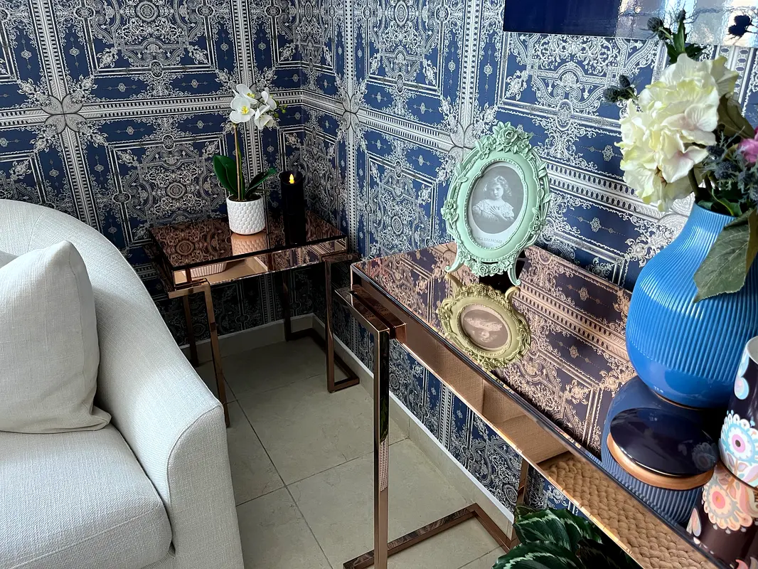 Stunning set of 2 side/bedside tables a console in rose gold from The