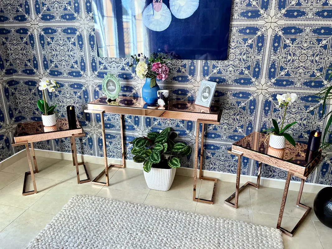 Stunning set of 2 side/bedside tables a console in rose gold from The