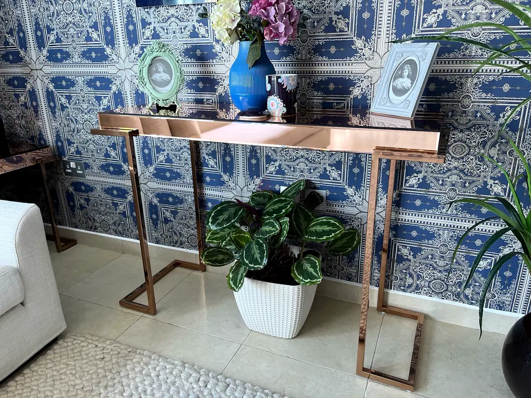 Stunning set of 2 side/bedside tables a console in rose gold from The