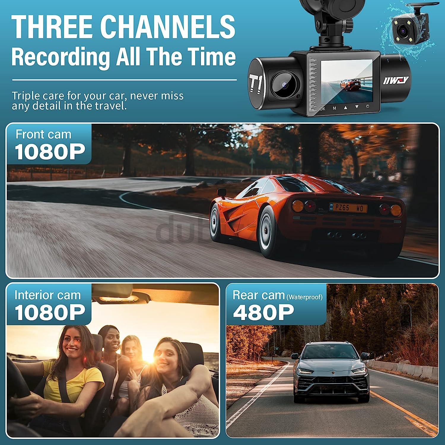 Iiwey T1- Dash Cam Front And Rear Inside 3 Channel 1080P, Adjustable ...