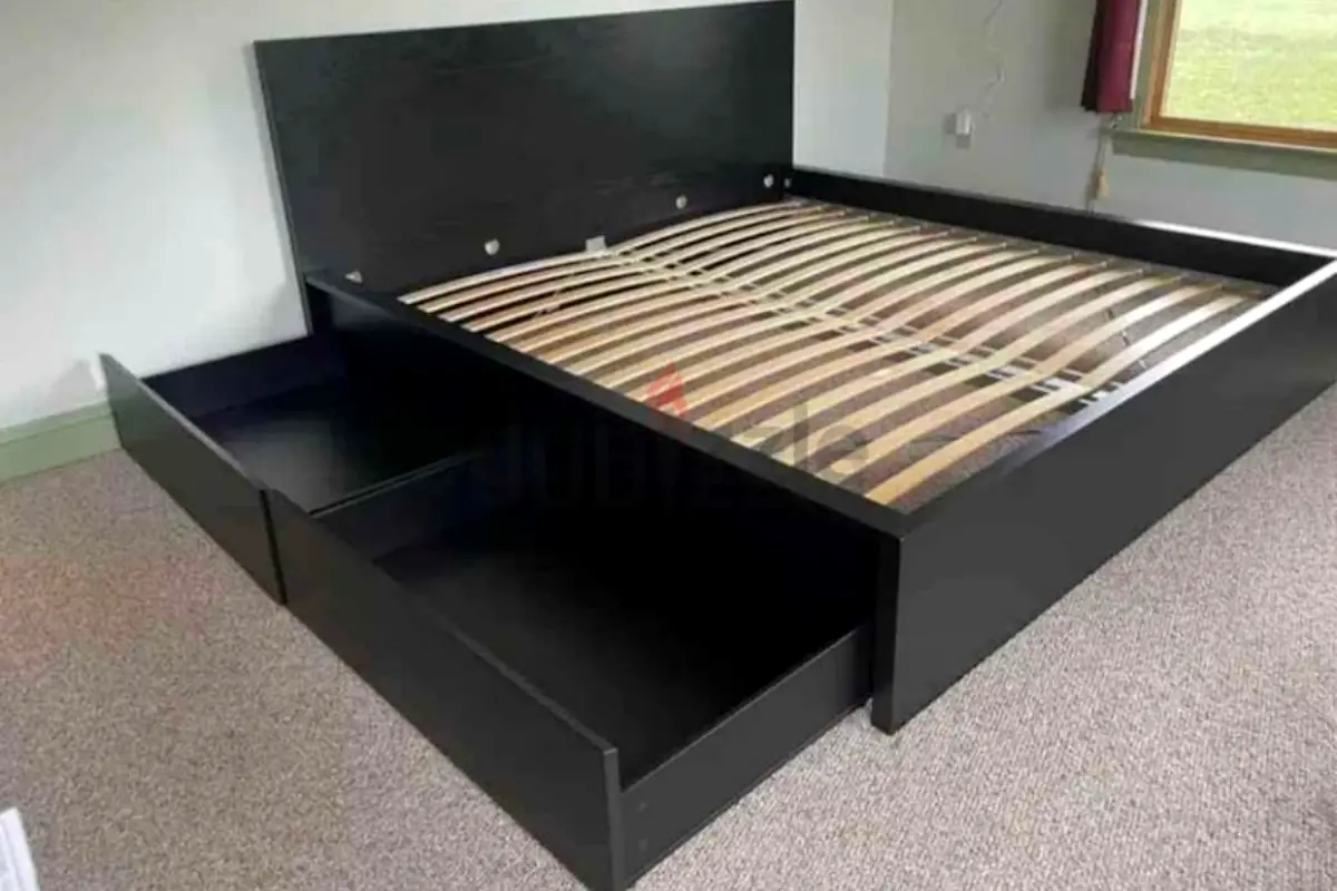 Ikea king size malm bed with two side tables and two storage drawers
