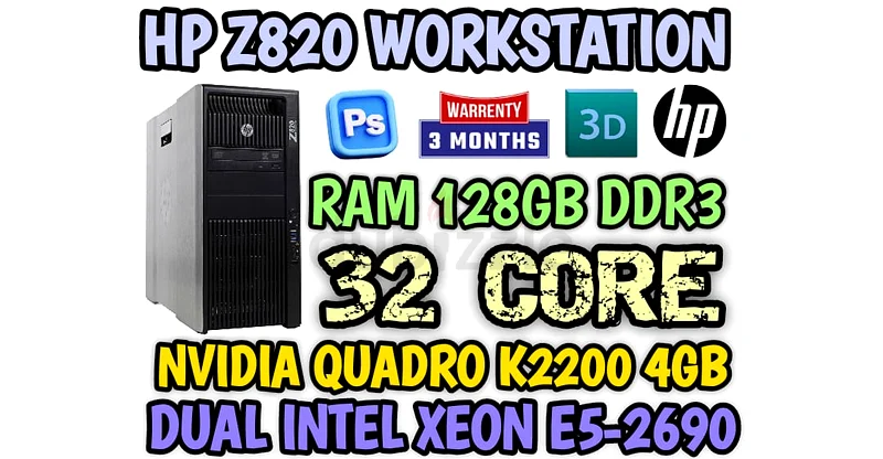 محطة عمل HP Z820 بذاكرة وصول عشوائي سعة 128 جيجابايت، ومعالج E5-2690، ومعالجين Intel Xeon ثنائيين، و32 نواة، وبطاقة رسوميات NVIDIA Quadro K2200 بسعة 4 جيجابايت DDR563256078603010110