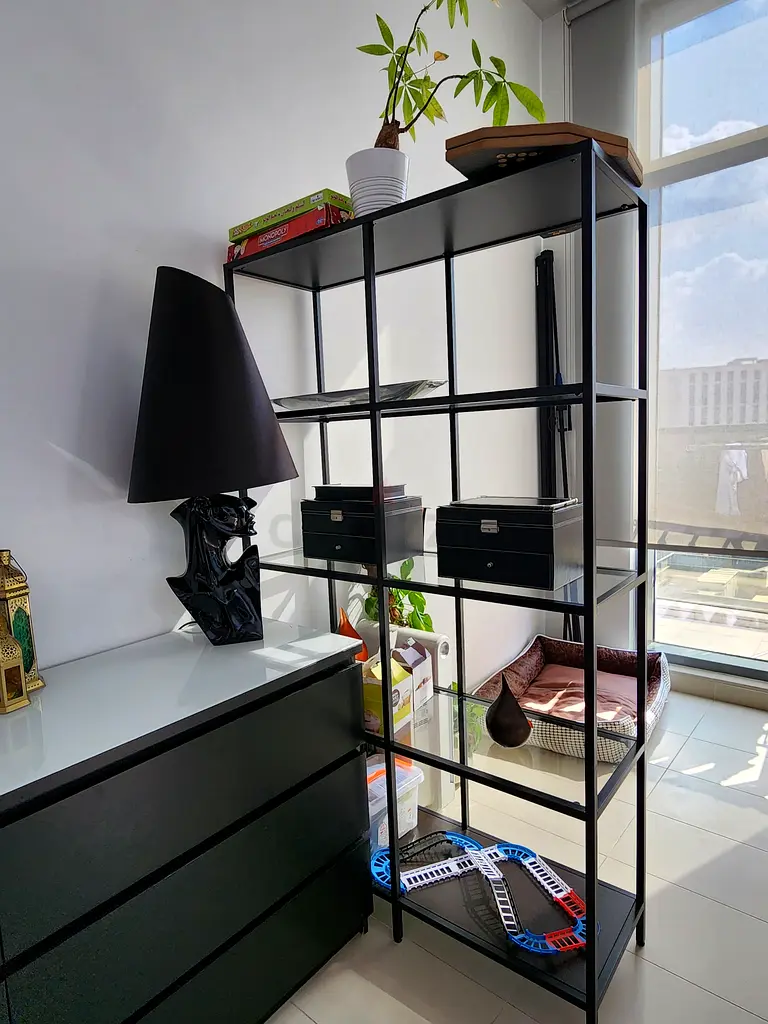 Two black shelving unit